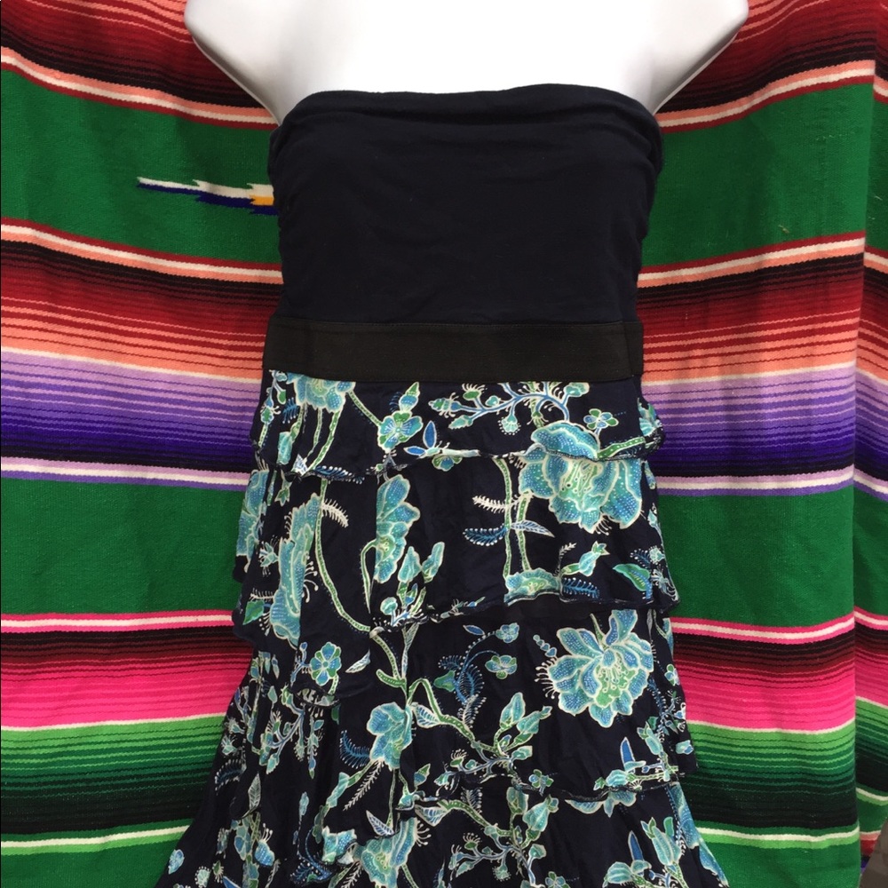 Express floral tiered ruffle strapless dress.